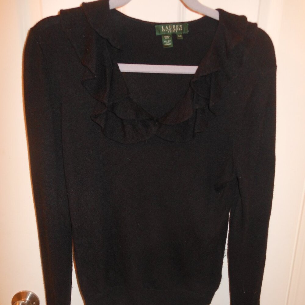 LAUREN RALPH LAUREN Black Silk Blend Ruffle V Neck & Cuff Long Sleeve Sweater PL